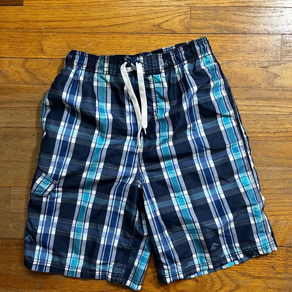 Boys Blue Plaid Swim Trunks